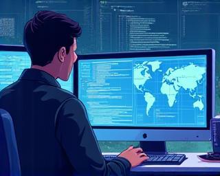 Illustration of a person working with code and data